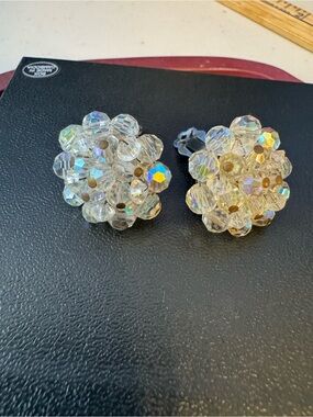 Vintage Crystal Cluster Clip-On Earrings - Iridescent Clear Aurora .